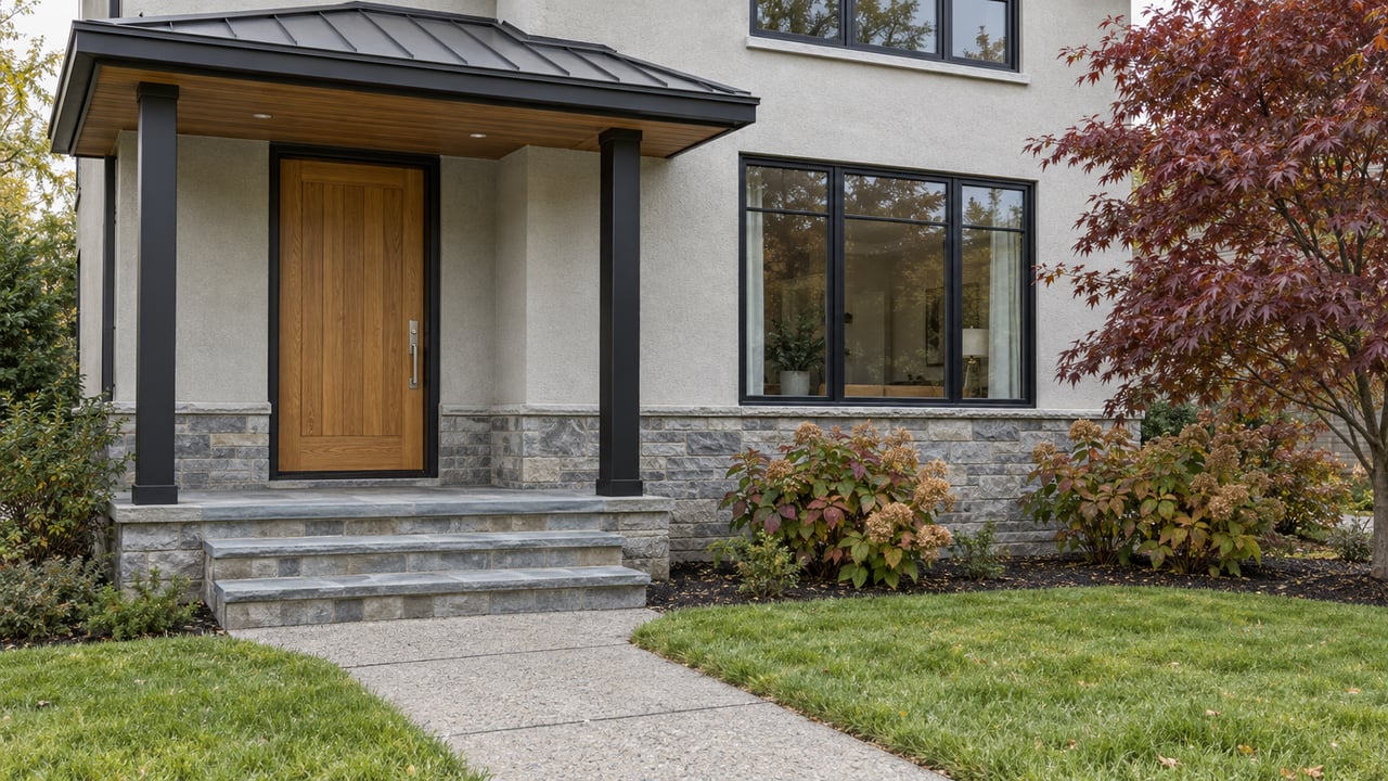 Bluestone steps and a sheltered oak front door beside black-framed windows, gray stone and autumn planting.