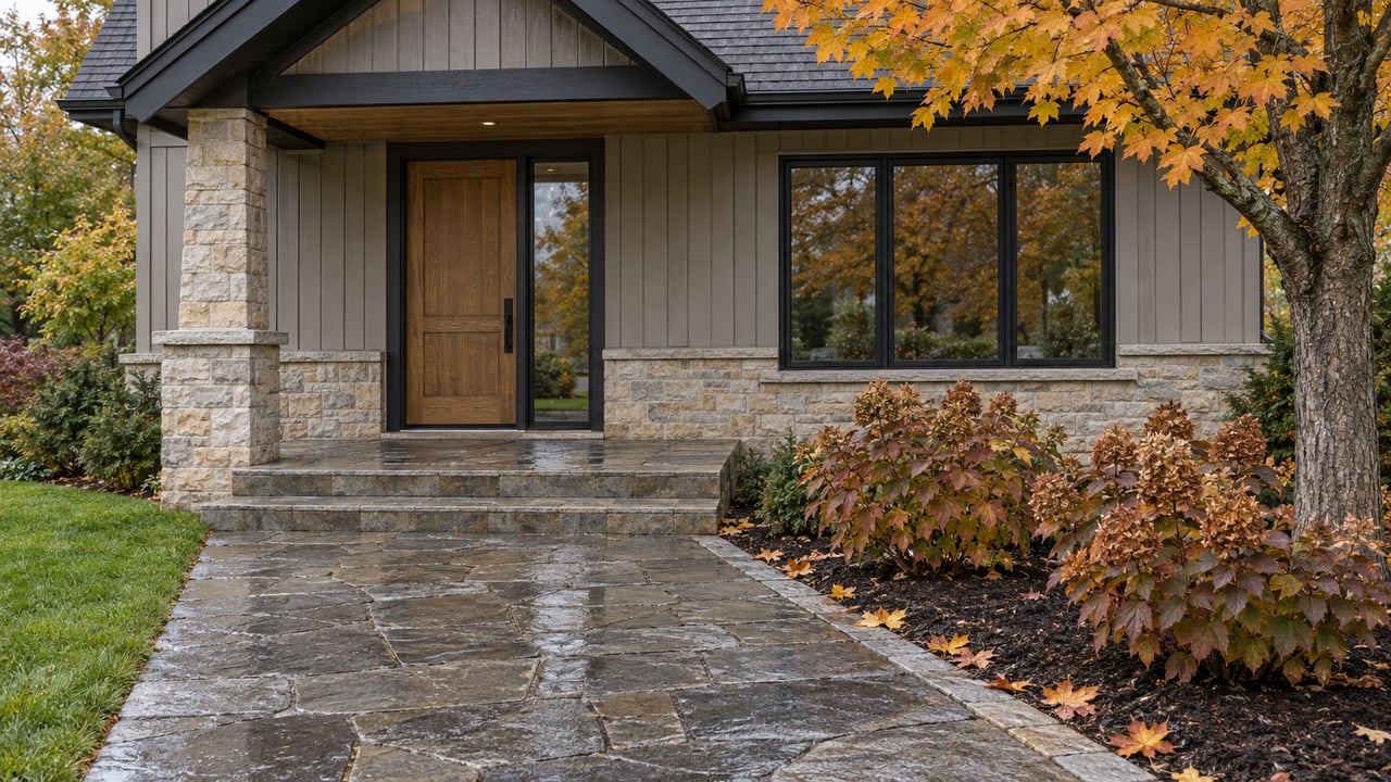 Rain-darkened limestone approach leading to an oak front door beneath a gabled porch, beside amber maple foliage and bronze oakleaf hydrangeas.