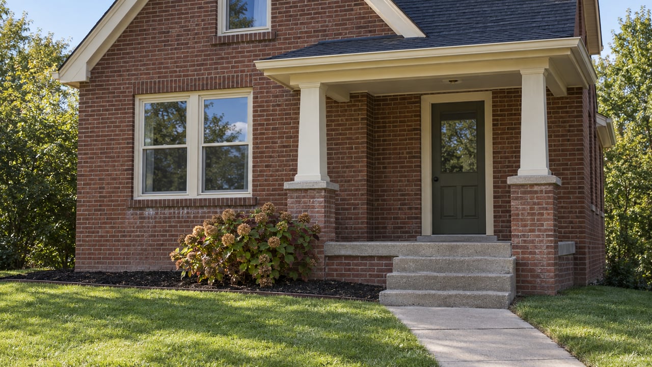 Older reddish-brown brick house with cream window frames, a covered entry, concrete front walk and a small autumn hydrangea beside the porch.