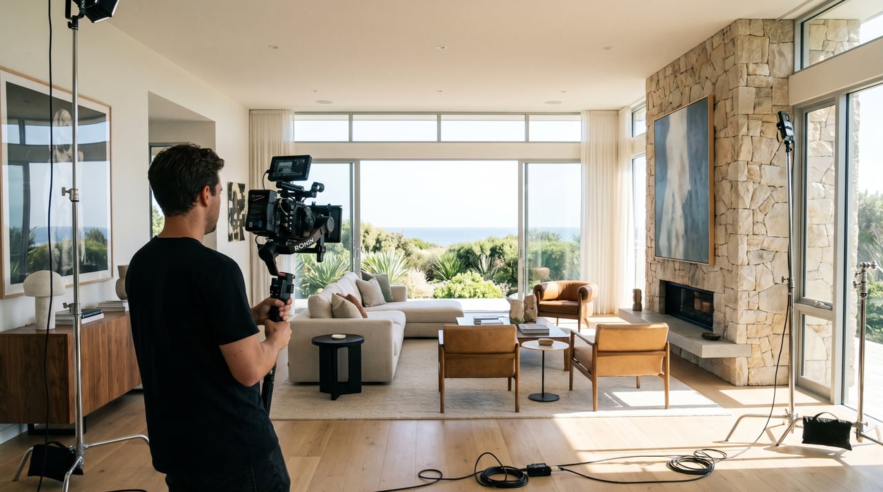 Modern living room with a stone fireplace and ocean view being filmed by a camera operator.