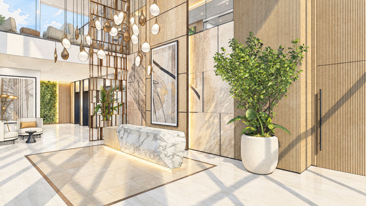 Modern condominium lobby with a marble reception desk, wood-slat walls, and sculptural pendant lights.