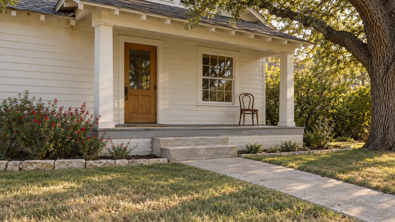 A wood-sided cottage porch with a timber door, divided-pane window and worn concrete approach beneath a spreading live oak.