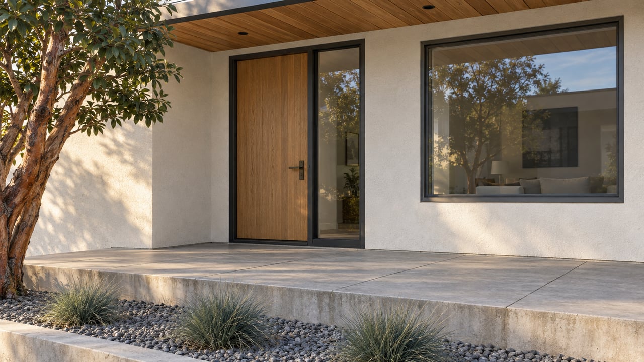 Renovated home's sheltered oak entry, warm-white stucco and dark-framed window above a concrete porch and planted gravel bed.