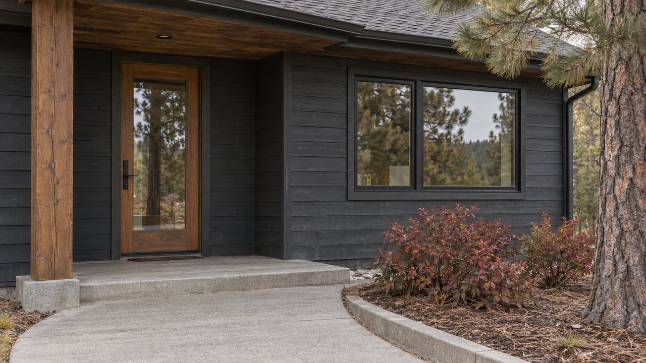 Dark wood-sided home with a covered glazed entry, curved concrete walk, and burgundy-leaved shrubs beside a mature pine.