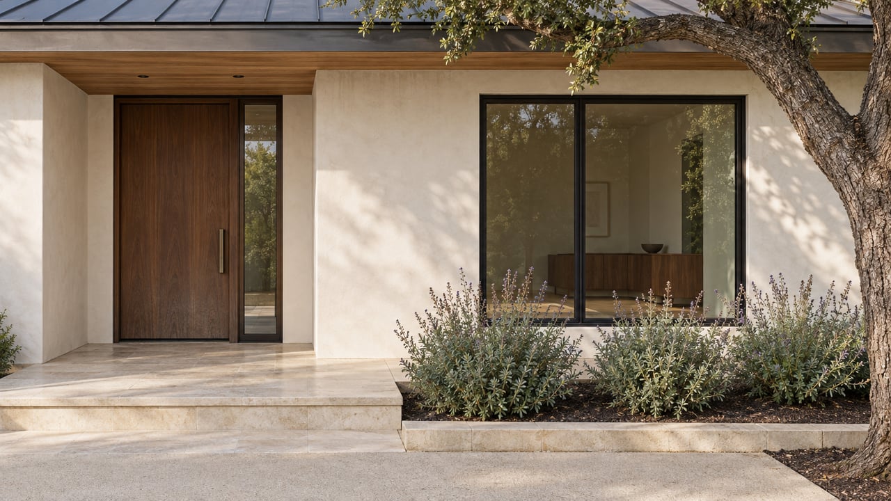 Sunlit cream-plaster home with a recessed walnut entry, black-framed window, limestone landing and mature oak.