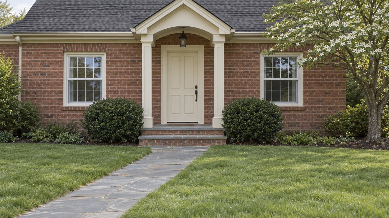Brick house entry with ivory door, flanking windows, and a bluestone path through the lawn.