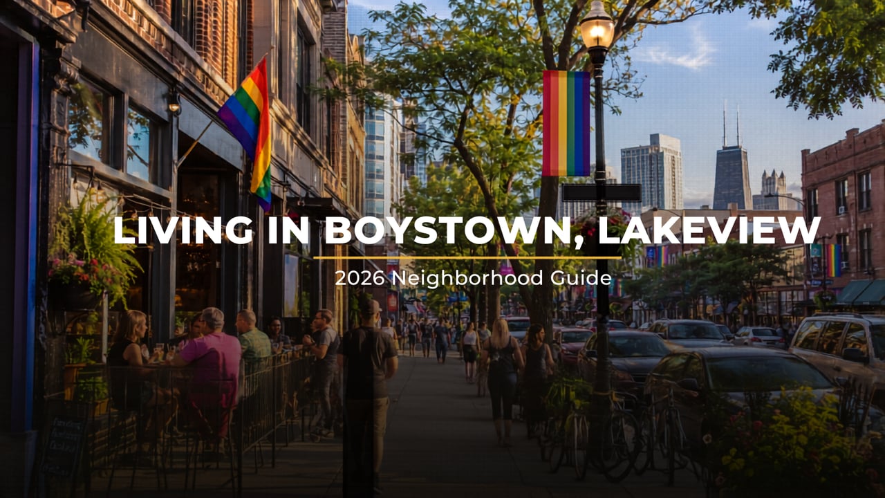 Boystown Chicago neighborhood guide - North Halsted Street with rainbow crosswalk, rainbow flags, and colorful storefronts in Lakeview Chicago