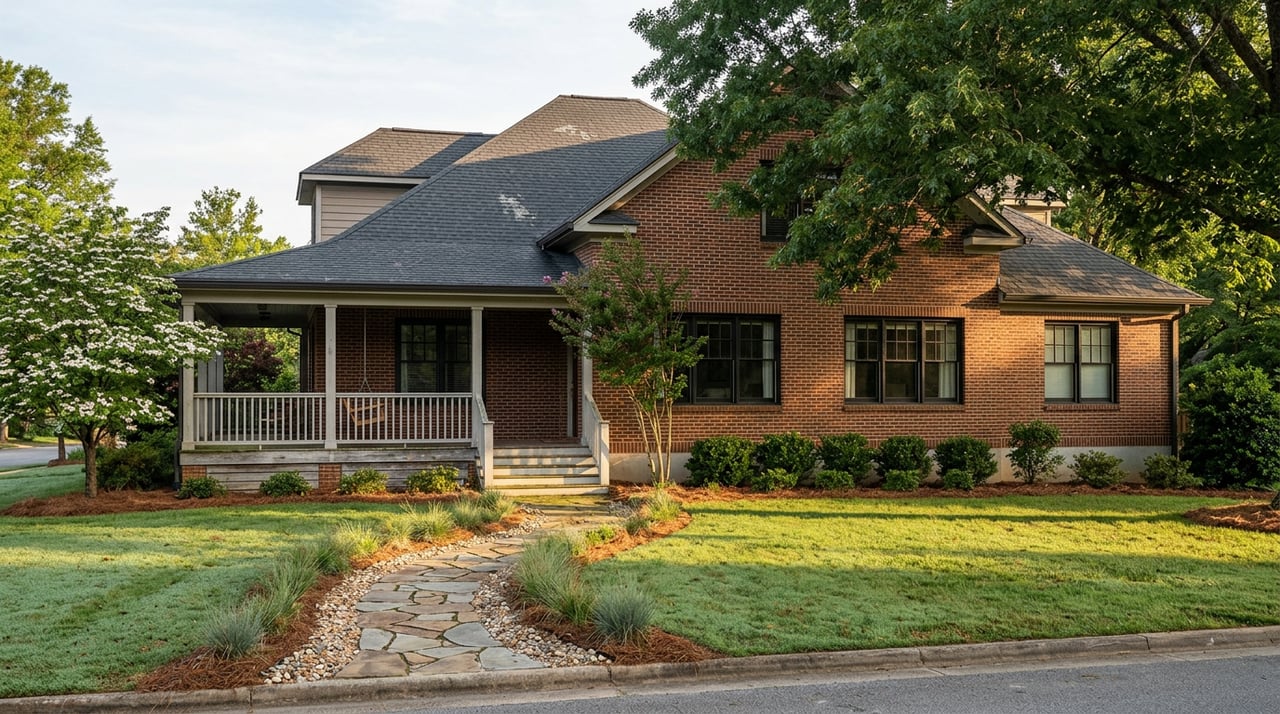 Two-story brick house with a wraparound porch, flagstone walkway, broad lawn, and mature trees.