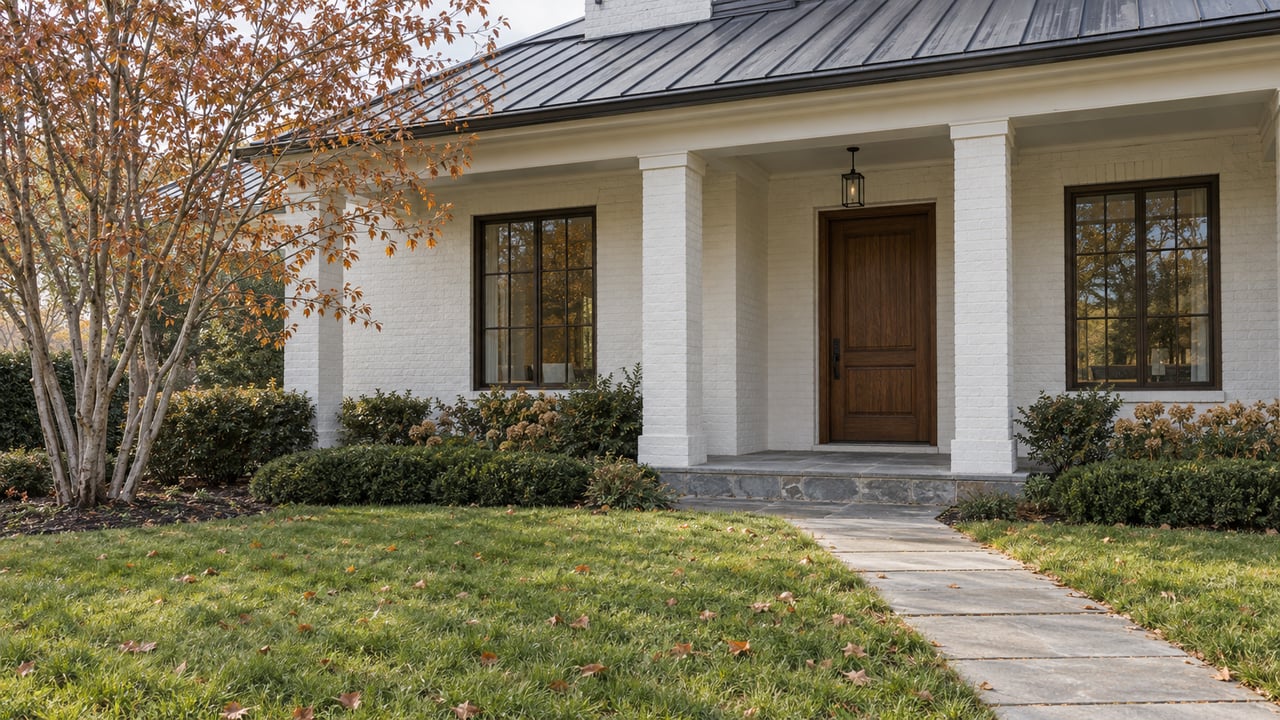 White-brick house set behind a broad lawn, with a limestone walk, deep porch, and copper-leaved tree.