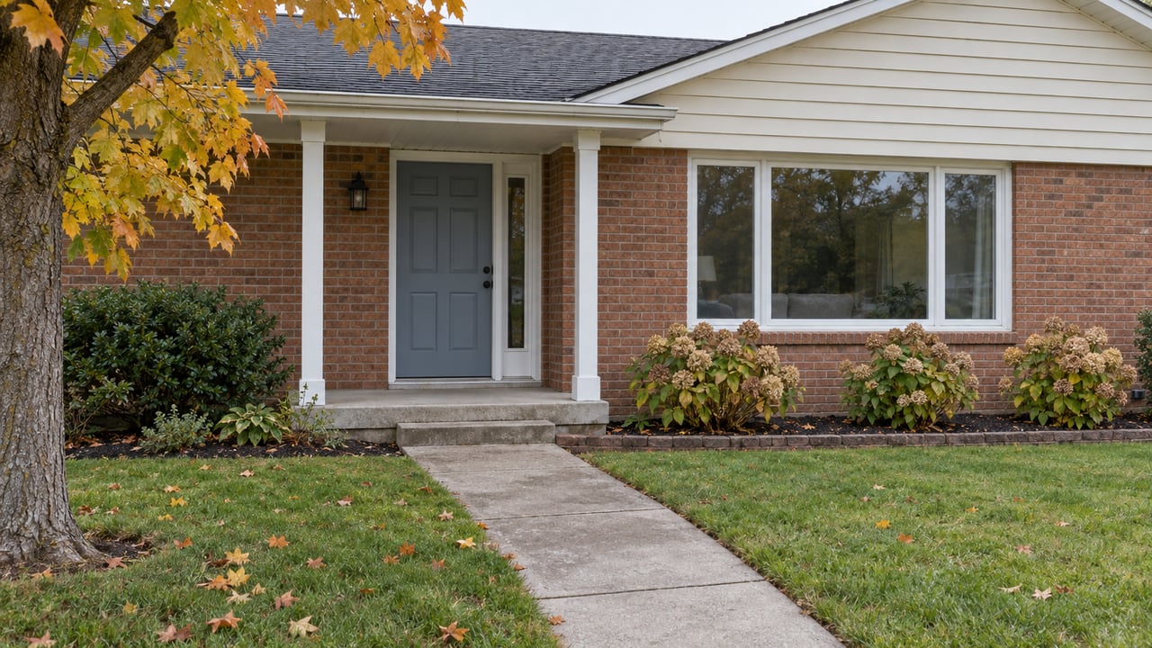 Autumn morning at a brick and ivory-sided ranch entry, with a blue front door, concrete walk and tan hydrangea flower heads.