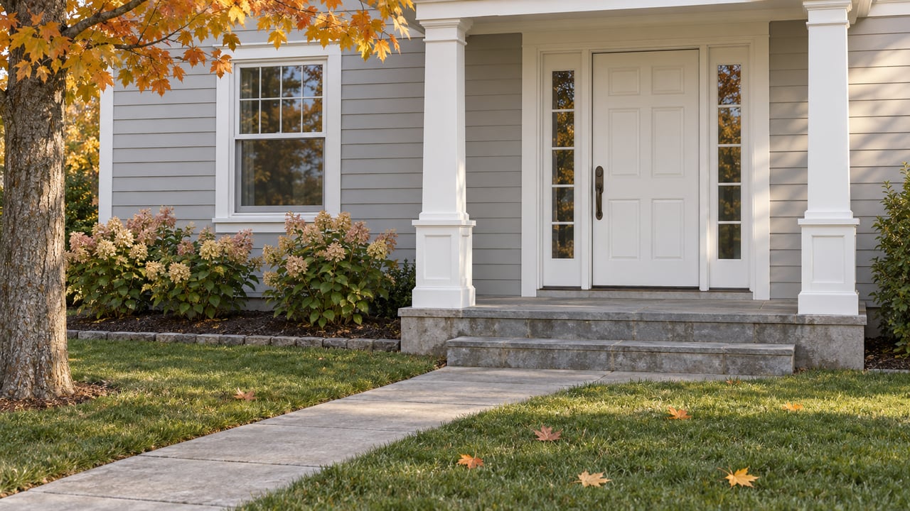 Traditional pale-gray home entry with white porch trim, limestone steps, hydrangeas, and autumn maple leaves beside a concrete walk.