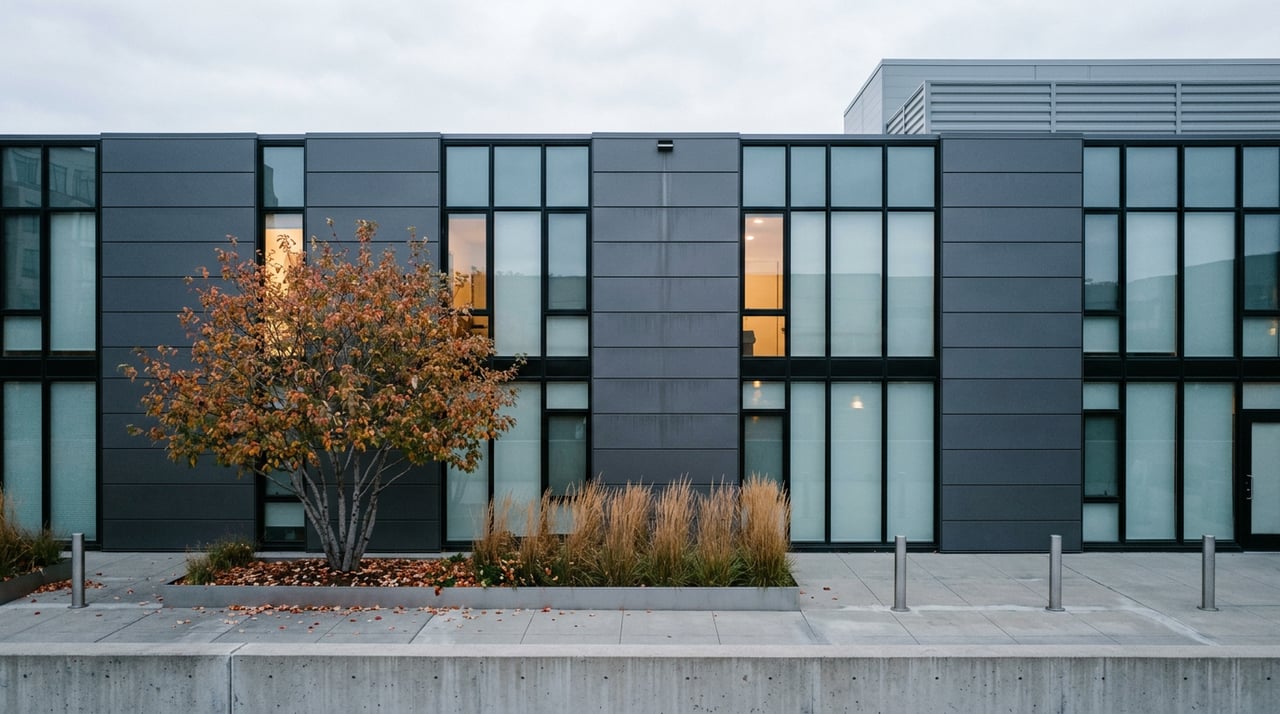 Mid-rise loft facade with charcoal panels, glass windows, and a plaza planter of amber serviceberry and bronzed grasses.