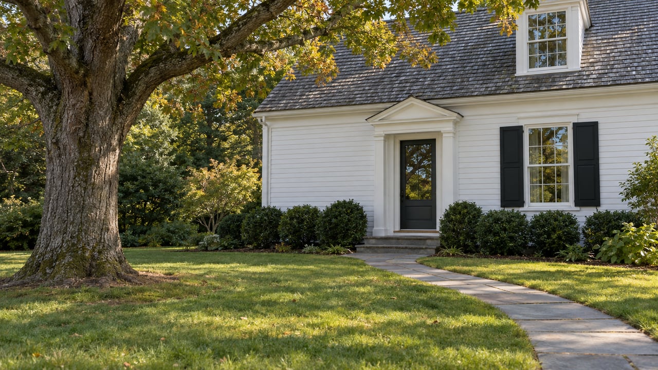White clapboard house with a gray shingle roof, fronted by a curving bluestone path and mature oak.