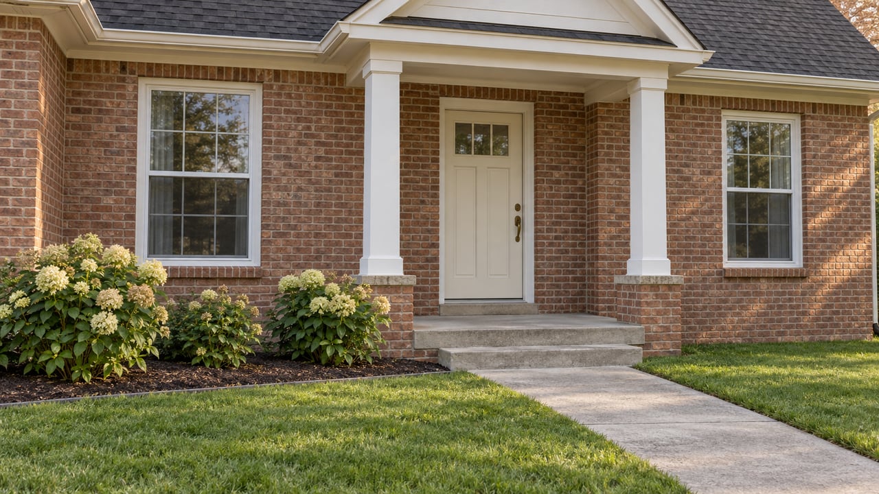 Brick home with a white-columned covered entry, two front windows and a concrete path across a green lawn beside cream-flowering hydrangeas.