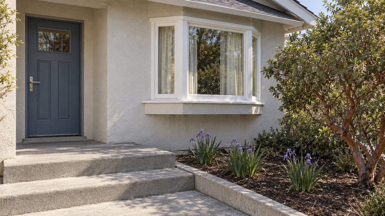 Off-white stucco home with a slate-blue entry door, projecting bay window, concrete steps and a planted front garden.