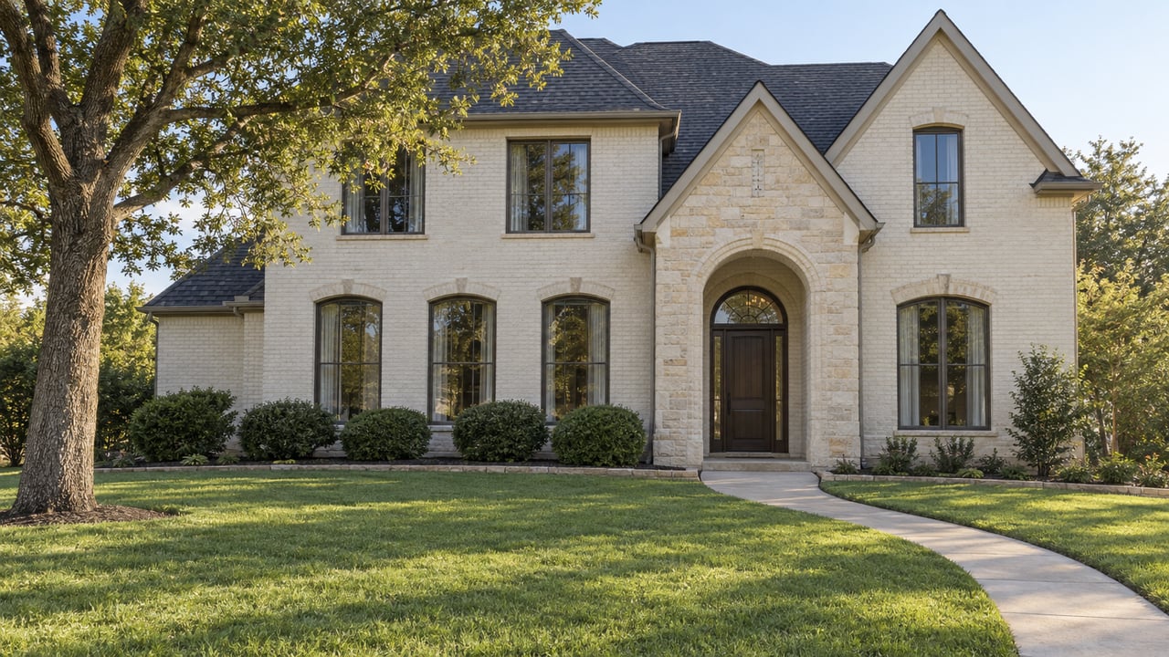 Cream painted-brick home with limestone arched entry, tall windows, a deep lawn and one mature oak in clear morning light.