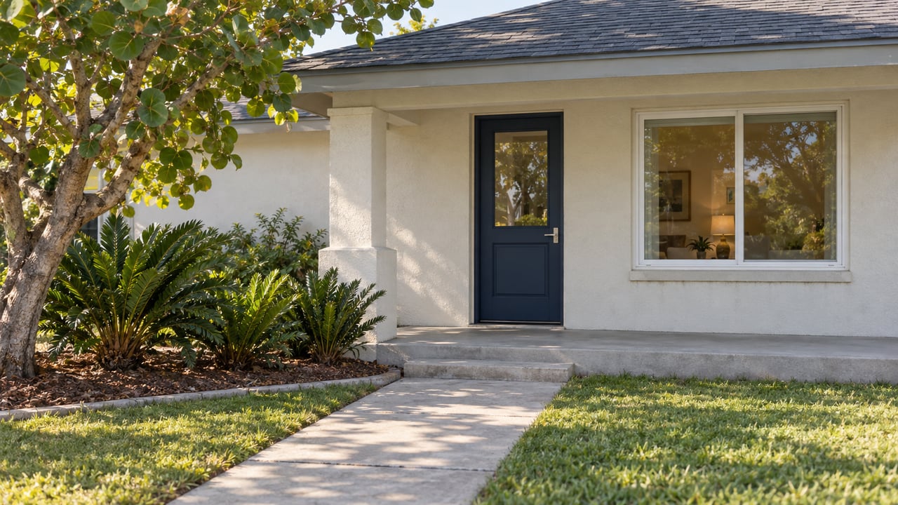 Sunlit white stucco cottage with a navy glazed front door, shaded porch, concrete walk and sculptural sea-grape tree.