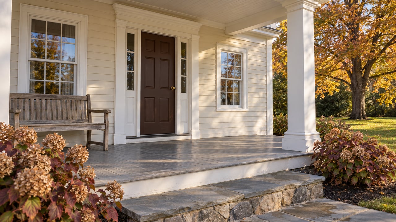 Cream clapboard home with a sheltered porch, dark paneled door, multi-pane windows and autumn foliage beyond a bluestone landing.
