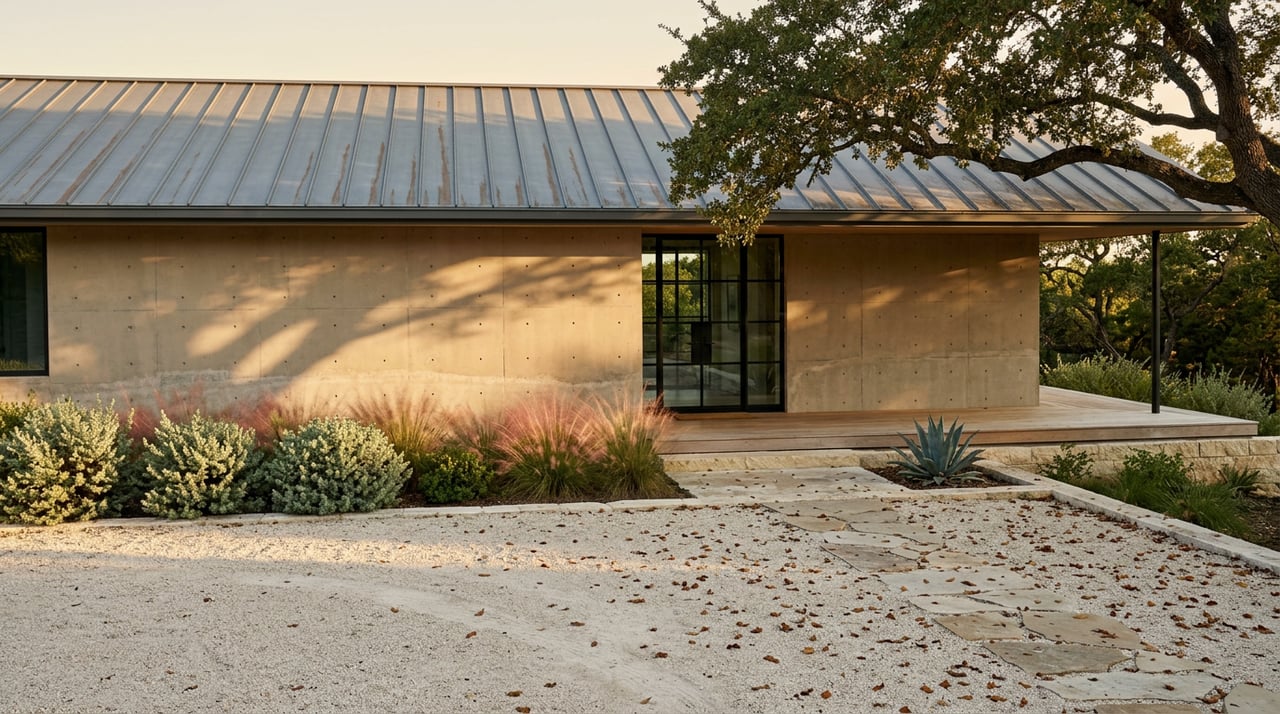 Contemporary Hill Country home with a concrete facade, oak canopy, limestone motor court, and fallen leaves.