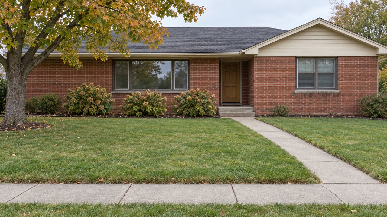 Red-brick ranch with a broad front lawn, amber sugar maple, dark-framed windows, and a swept concrete approach under soft autumn daylight.