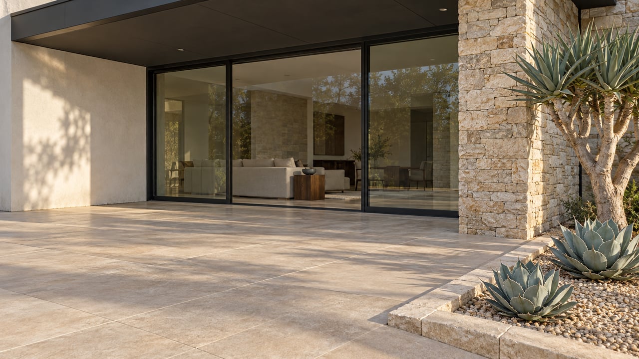 Low-angle view of a luxury home's covered terrace with limestone masonry, closed glass doors, pale tile paving and sculptural desert planting.