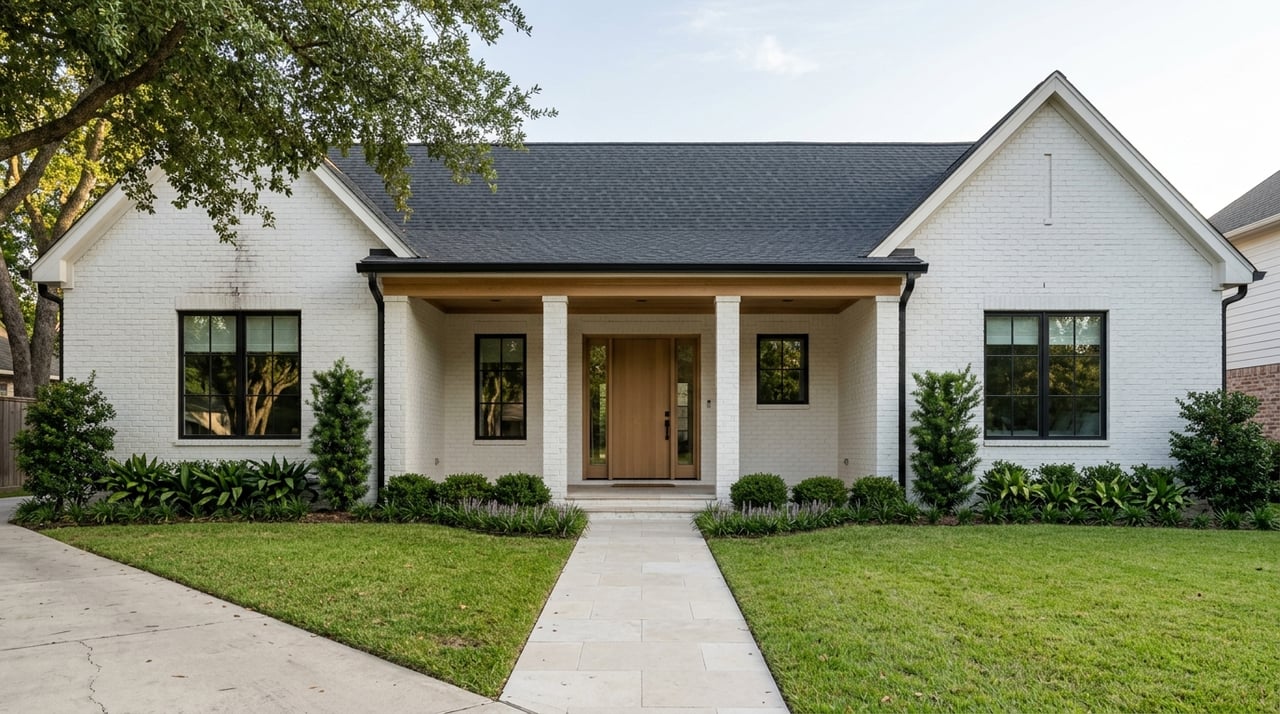 White brick house with a dark gabled roof, covered entry, and front walkway through a green lawn.
