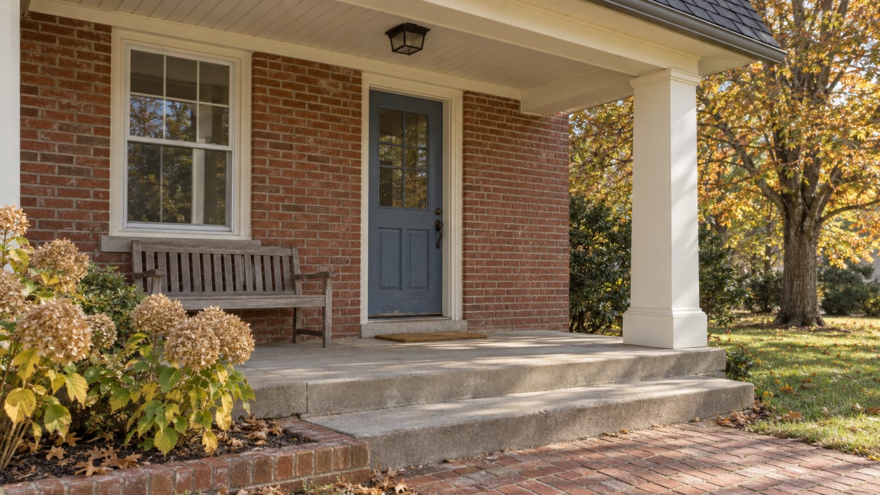 Red brick house porch with a blue-gray door, oak bench, concrete steps and autumn maple leaves.