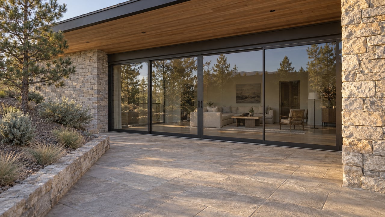 Stone terrace beside a timber-soffit home, with sliding glass doors and a planted slope.