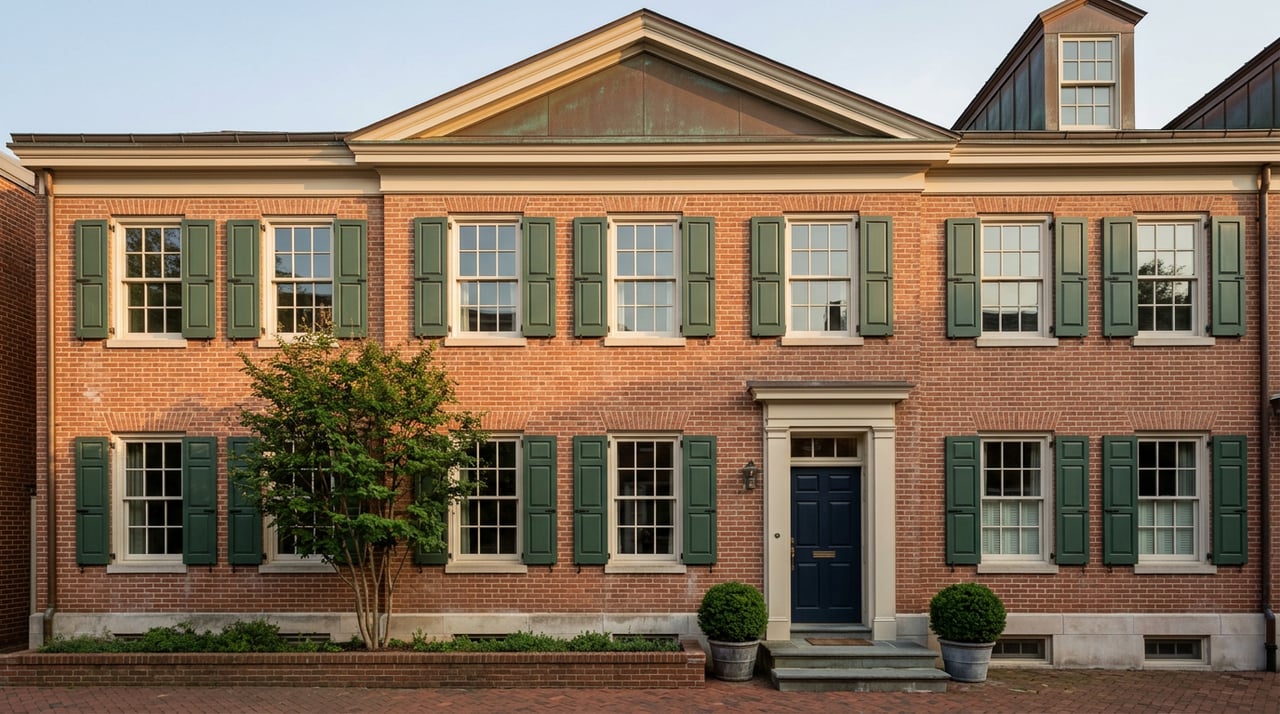 Brick townhouse with verdigris copper gable pediment, green shutters, and navy entry door.