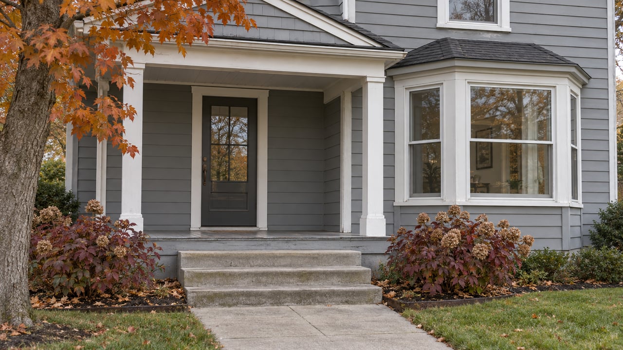 Gray clapboard home with a sheltered white-trimmed porch, enclosed bay windows and copper autumn foliage beside concrete entry steps.