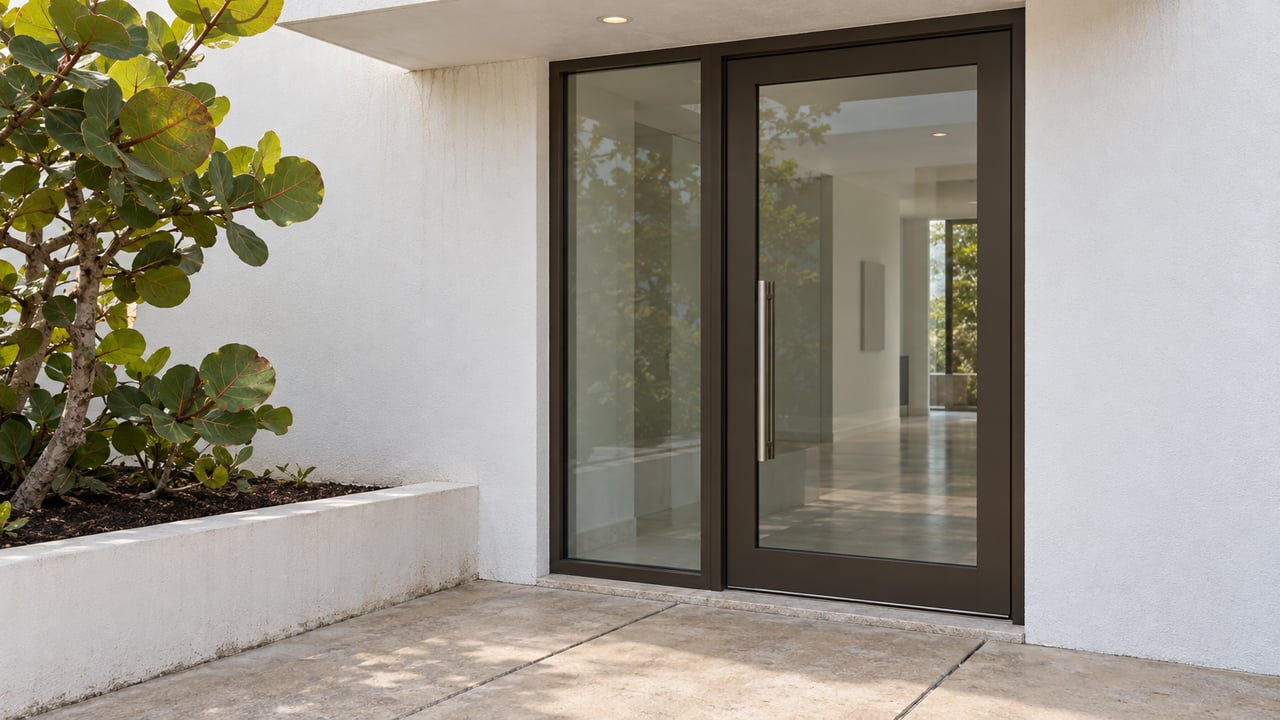 Bright white residential entrance with a closed bronze-framed glass door, pale paving and a sea grape specimen beside a raised planting bed.