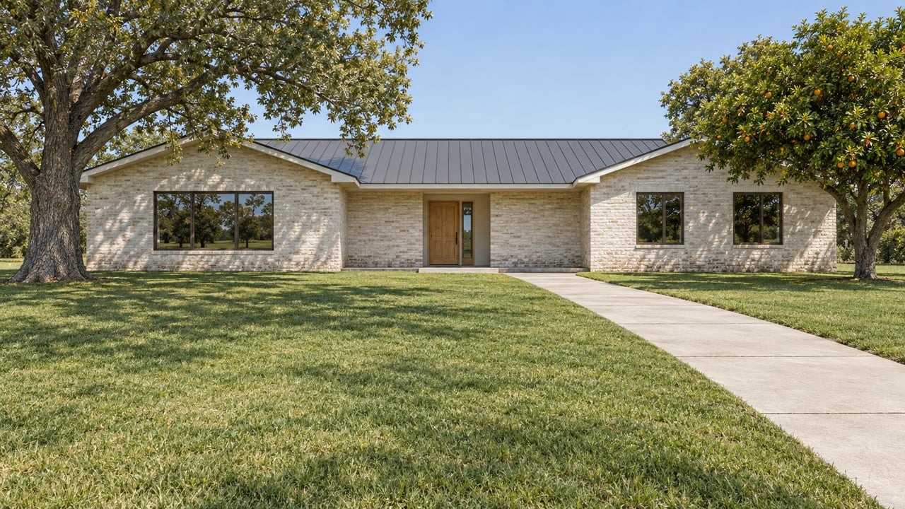 A remodeled single-story brick home beyond a deep green lawn, framed by a mature pecan tree and an orange tree.