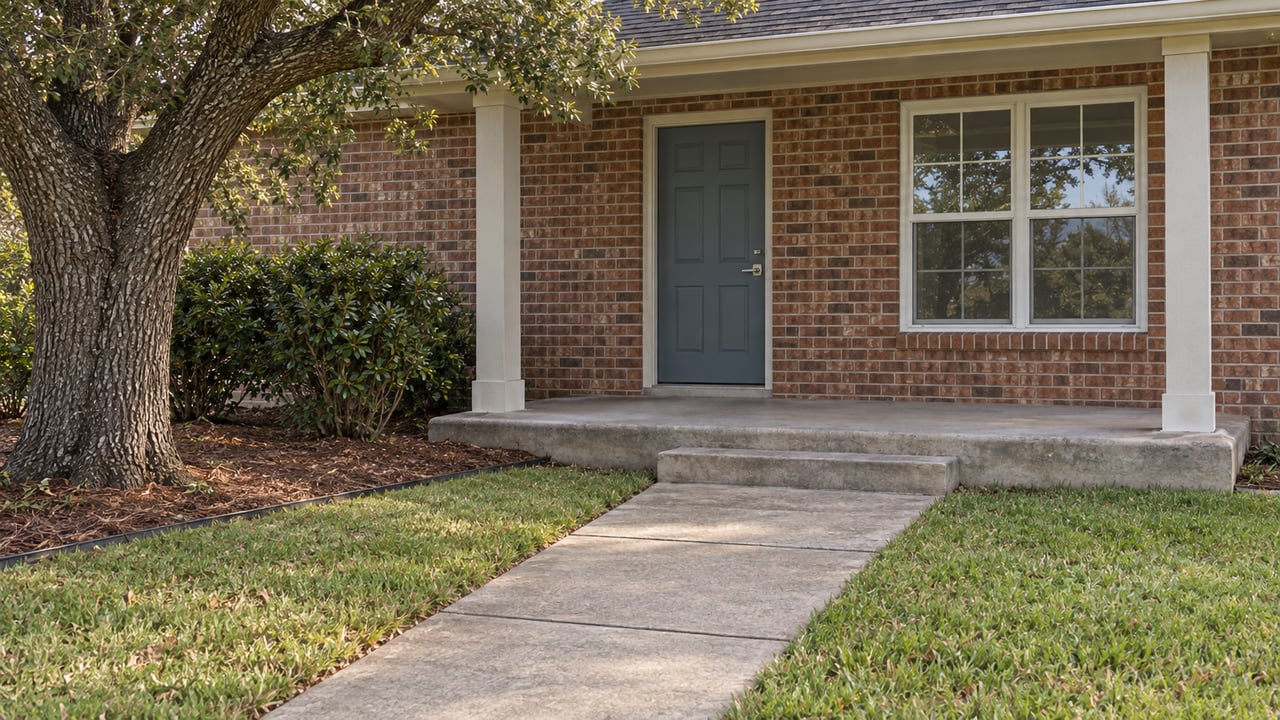 A brick home's covered entry with a blue-gray front door, concrete approach, lawn and mature oak.