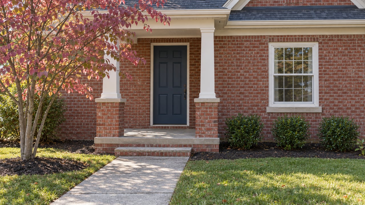Brick house with a navy paneled door, white porch columns, redbud tree, and inkberry shrubs.