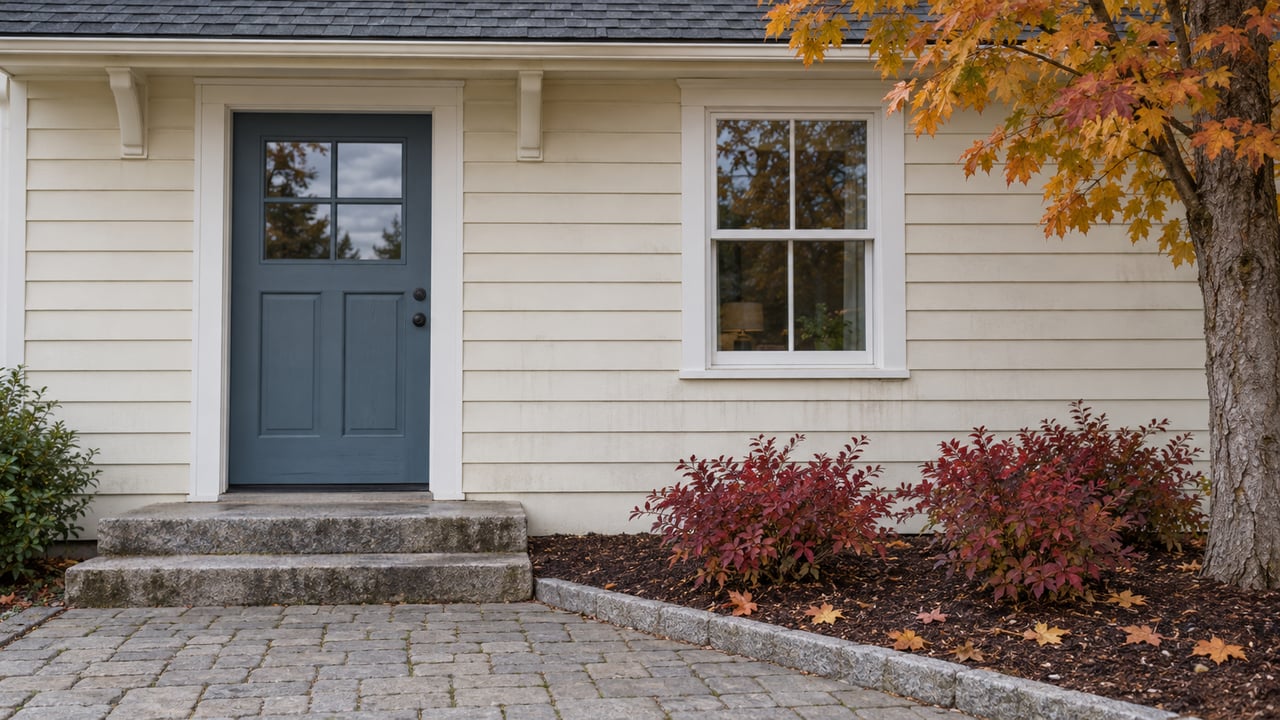 Cream clapboard home with a blue entry door, granite steps, gray paver walk, and red and gold autumn planting.