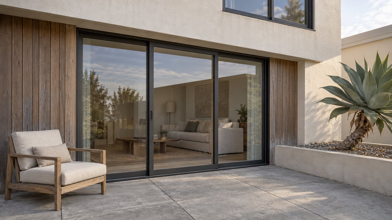 A sunlit residential terrace with pale stucco, weathered cedar, closed sliding glass doors, a teak chair, and a sculptural agave in a raised planter.