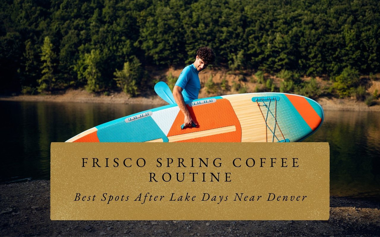 Lake + coffee transition: "Paddleboarder carrying board toward Frisco coffee shop after spring lake day, with snowy peaks behind