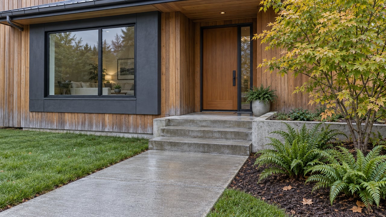 Modern cedar-sided home with a concrete entry approach, large black-framed window, and a vine maple above sword ferns.