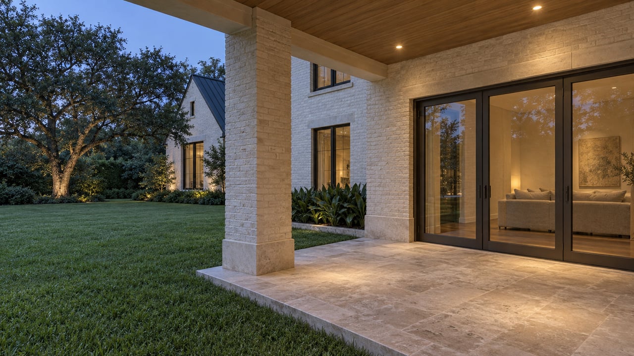 Cream brick home and limestone veranda at blue hour, with warm light behind glazed doors and a spreading live oak across the lawn.