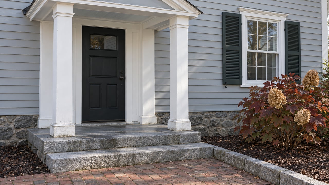 Pale-gray clapboard house entry with white portico columns, dark door, granite steps and an oakleaf hydrangea.