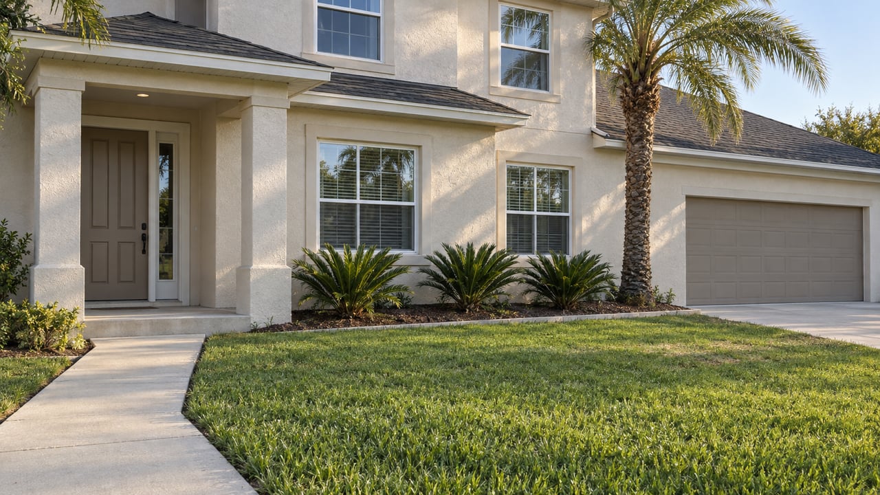 Ivory stucco home with a recessed entry, deep green front lawn, broad concrete driveway, and a silver-green specimen palm in afternoon light.