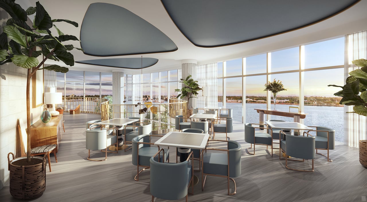 Rendering of the Forté on Flagler card room with game tables, upholstered chairs and curved windows.
