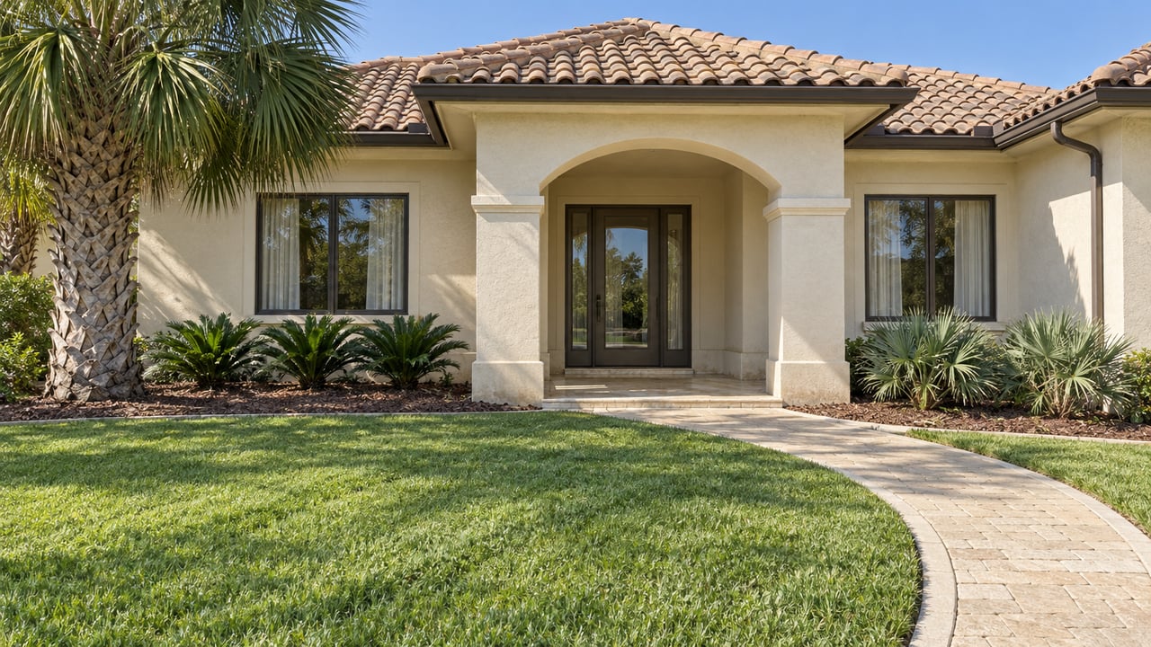 Ivory stucco home with a clay tile roof, sheltered arched entry, curved stone walk and a deep lawn bordered by sculptural palms.