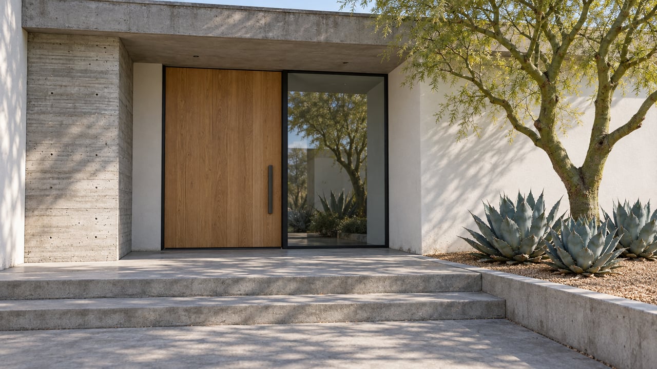 Morning light across concrete entry steps, a recessed wood door, white render and a sculptural green-trunk tree beside three blue-gray agaves.