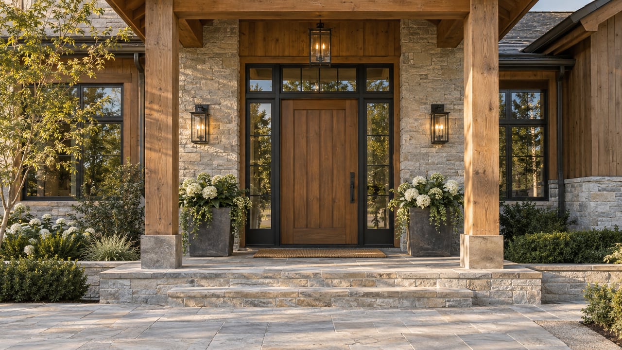 Closed cedar entry door and glazed sidelight beside a buff limestone wall and olive tree.