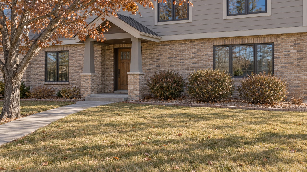 Dormant golden lawn and curved concrete walk approaching a two-story home with buff brick, gray siding and a sheltered wood front door.