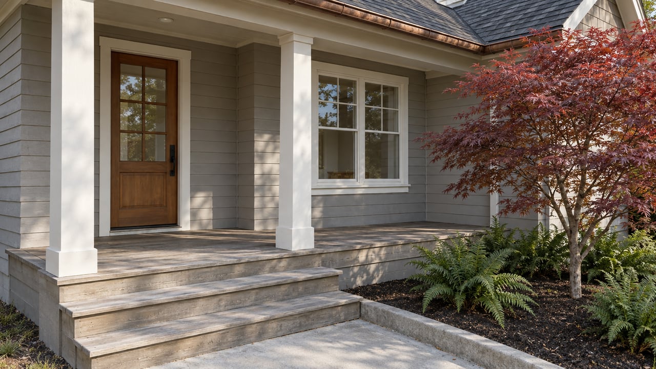 Updated gray cedar cottage with a covered wooden porch, glazed front door, divided-light window, and a Japanese maple beside the steps.