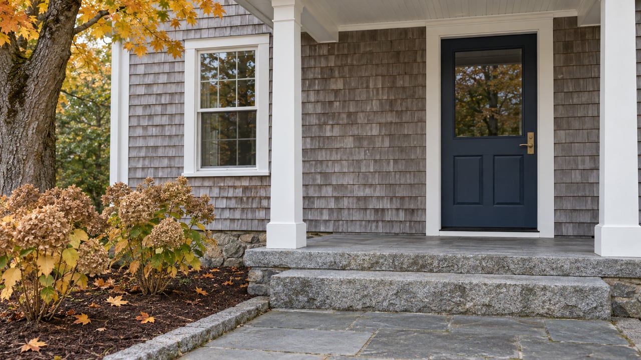 Cedar-shingle home entry with a navy door, granite steps and autumn maple foliage.