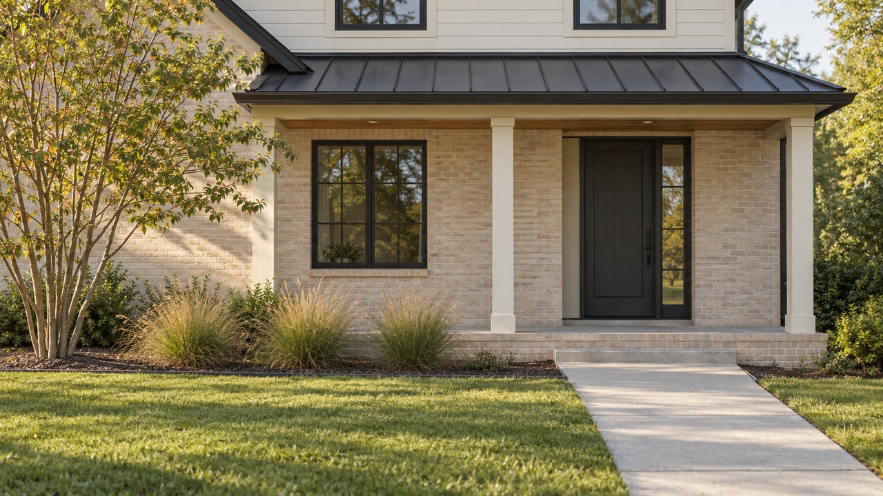 Two-story home with pale brick, charcoal gable, recessed front door, lawn, and concrete walkway.