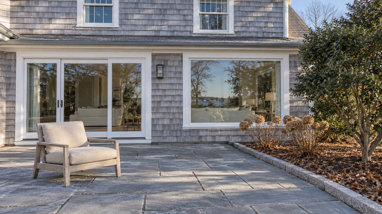 Winter sunlight on a silver-gray shingle home, bluestone terrace and weathered teak lounge beside evergreen holly and dried oakleaf hydrangeas.